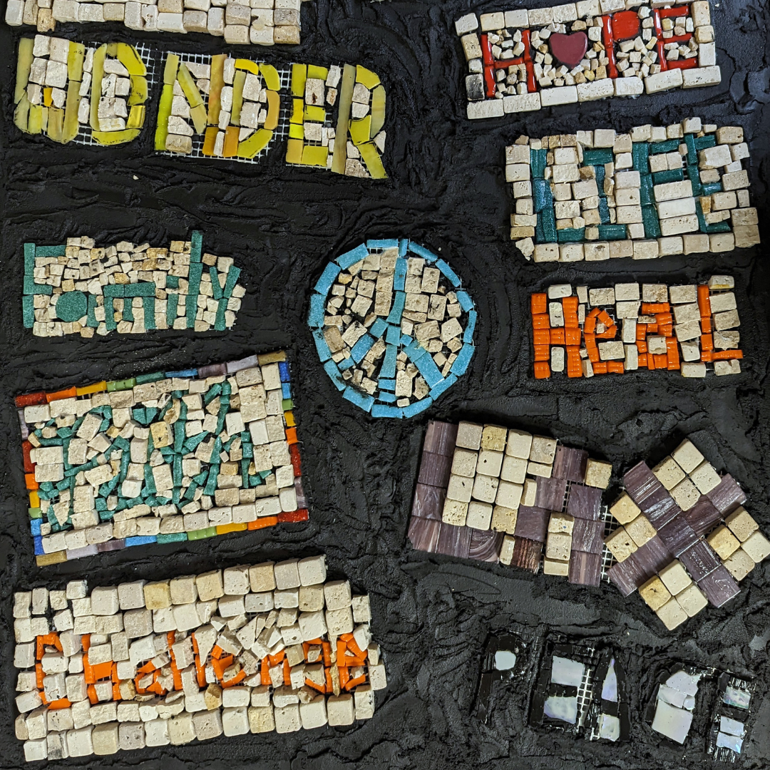 A group of mosaics with different words: "hope" "life" "heal" and "family".