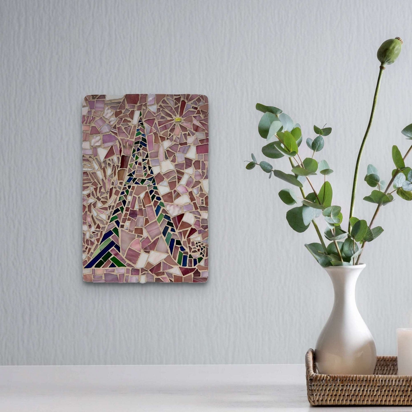 Green and pink mosaic "A" with a varied pink background.