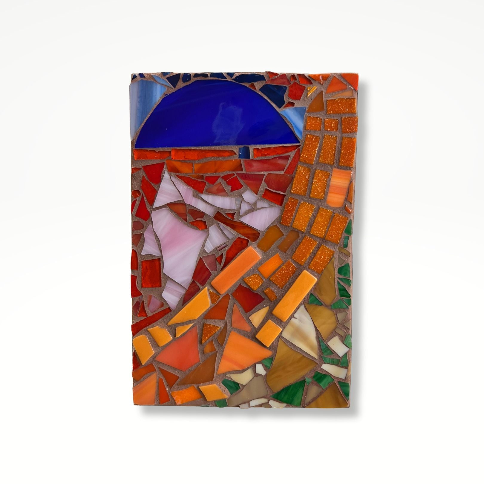 Mosaic blue half circle in a field of red with a stripe of orange through the middle.