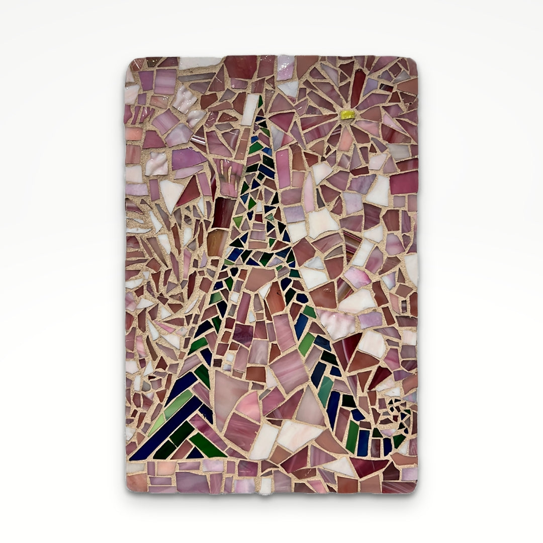 Green and pink mosaic "A" with a varied pink background.