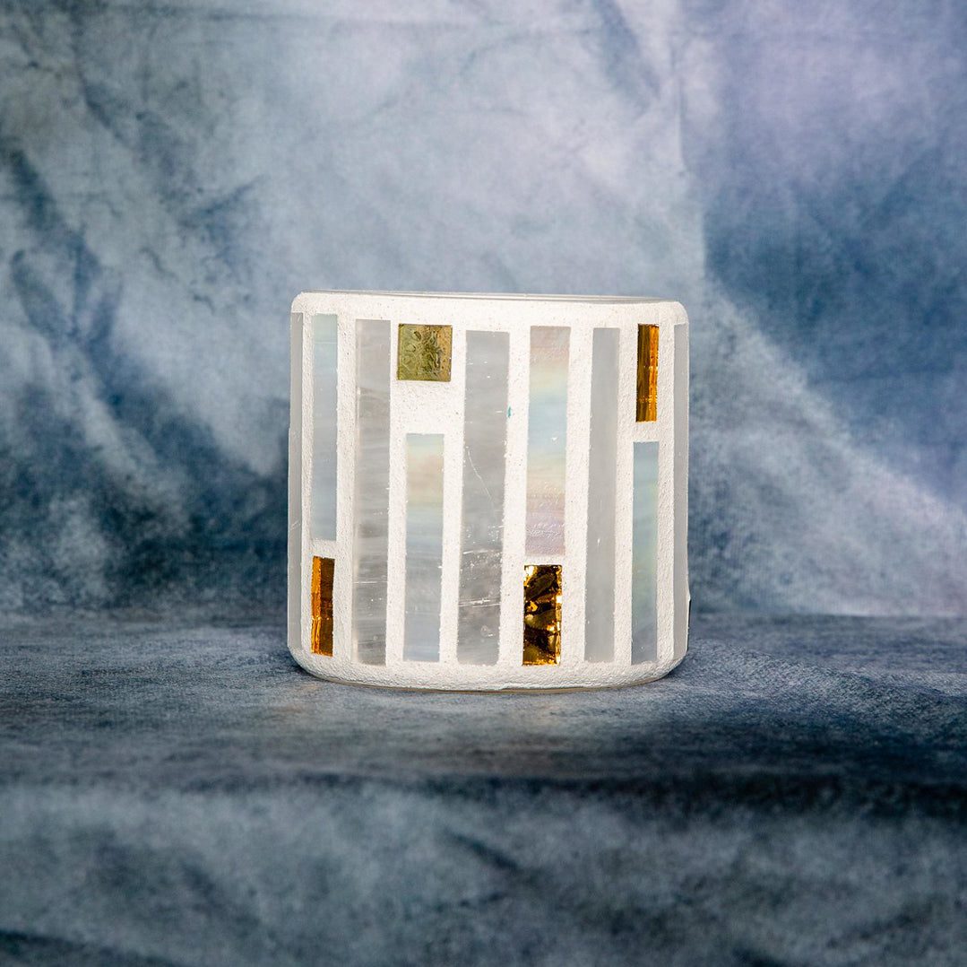 White and gold vertical line mosaic votive.