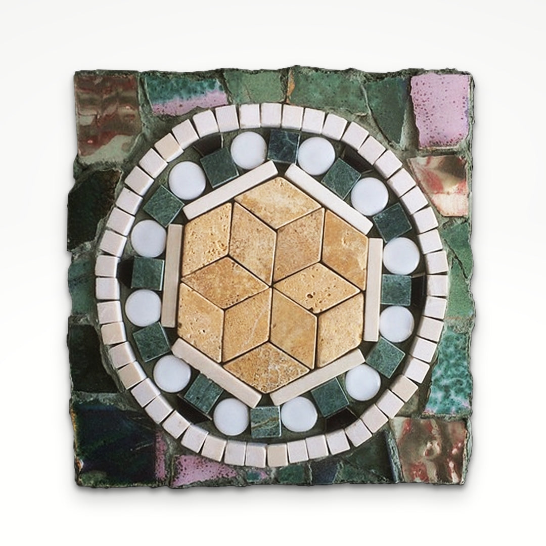 Green and purple mosaic with beige rhombile tiling in the middle, surrounded by white details.
